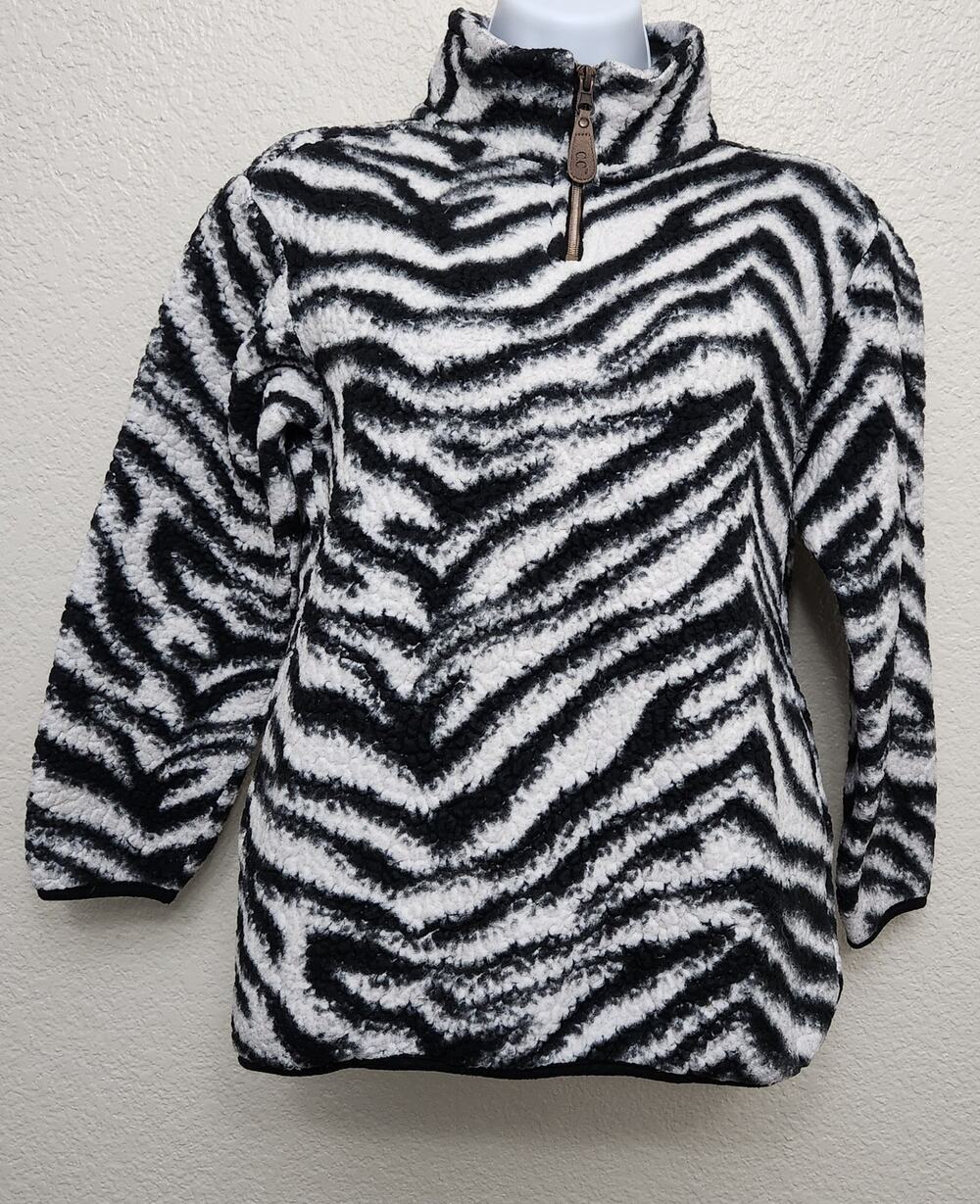 C.C. Kids Girlie Girl Black White Animal Print Sherpa Pullover Jacket YL Pockets